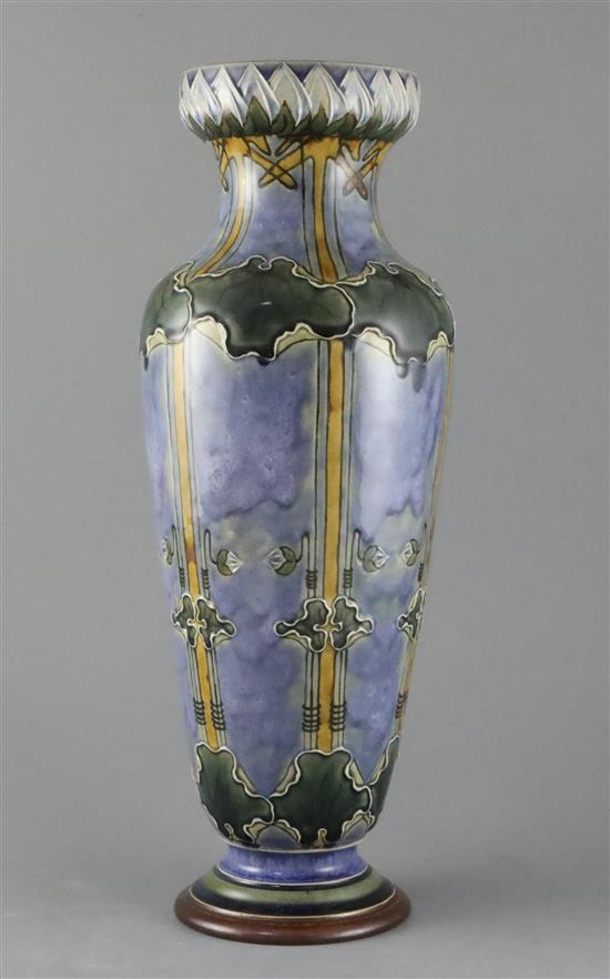 Eliza Simmance for Royal Doulton Lambeth, a tall lotus design vase, c.1910, 42.5cm